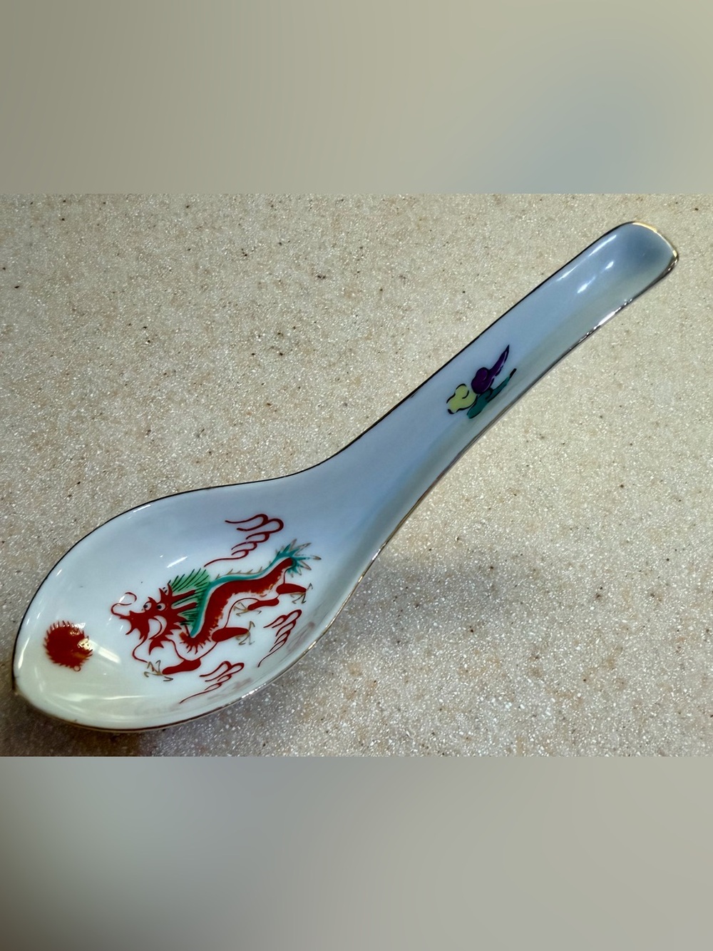 Porcelain Soup Spoon - White with Red Dragon Sun Clouds Gold Gild Asian Chinese